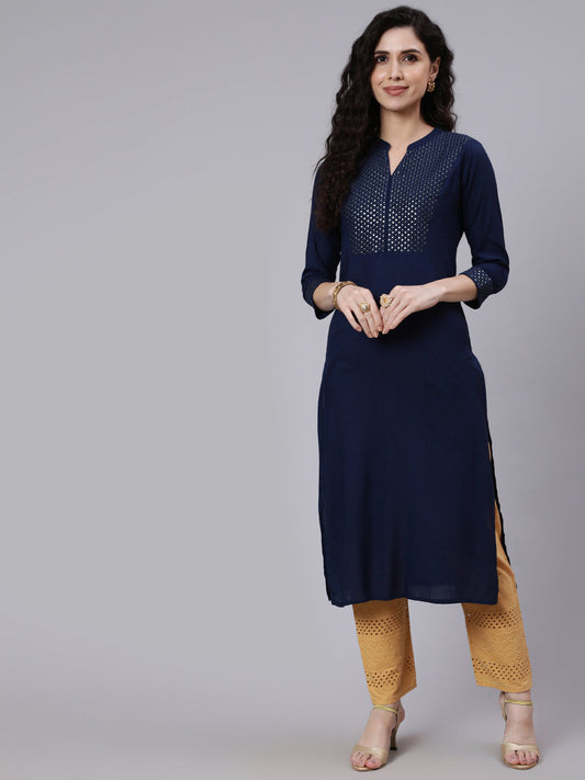 Women Navy Blue Embroidered Yoke Design Straight Kurta | LASVINI - Redefining Indian Fashion with Elegance