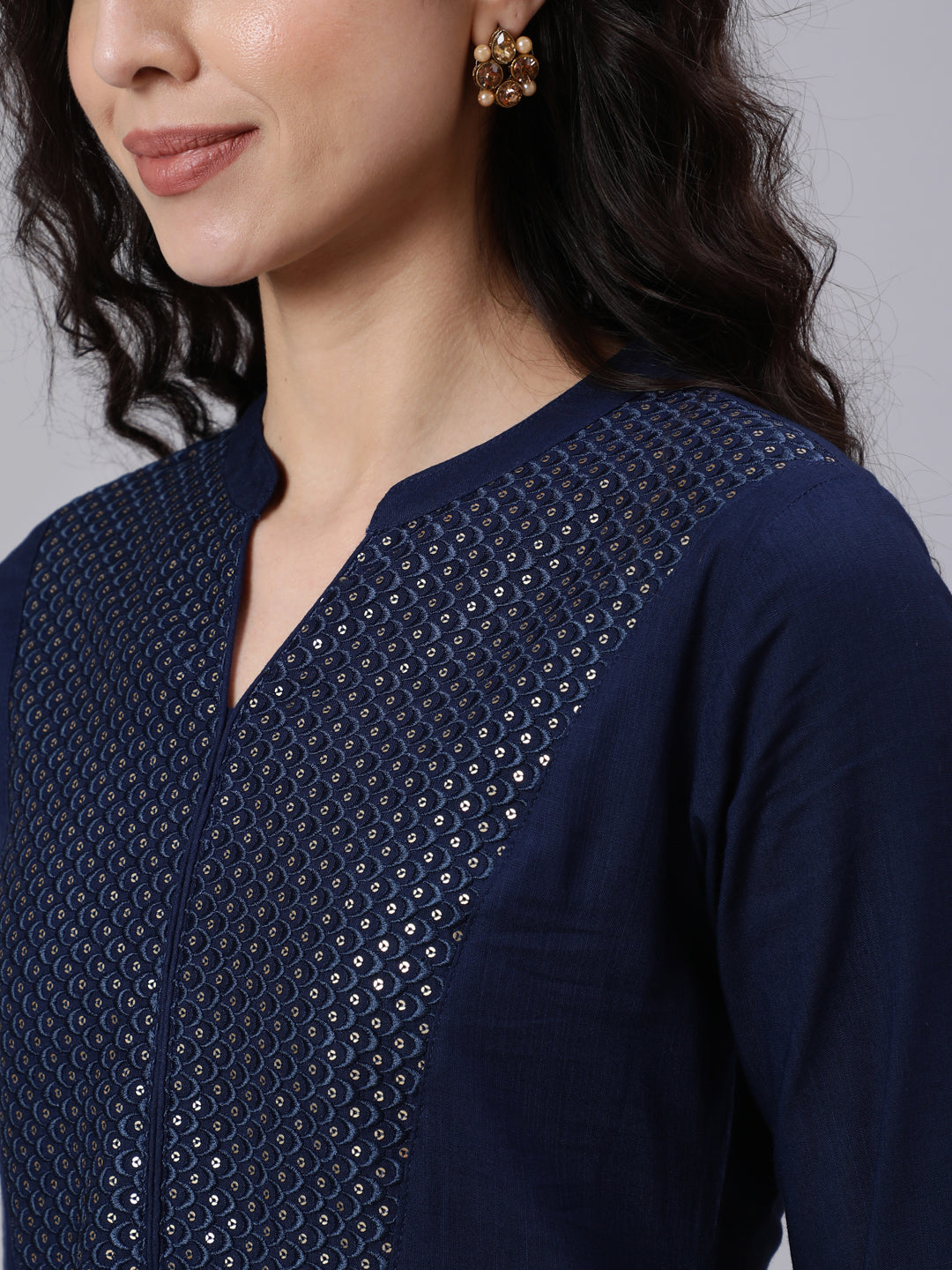 Women Navy Blue Embroidered Yoke Design Straight Kurta | LASVINI - Redefining Indian Fashion with Elegance