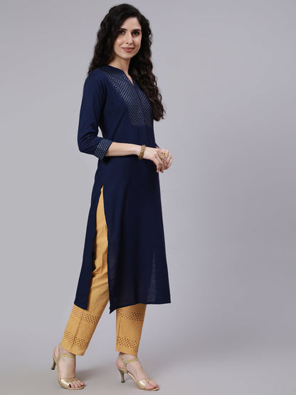 Women Navy Blue Embroidered Yoke Design Straight Kurta | LASVINI - Redefining Indian Fashion with Elegance