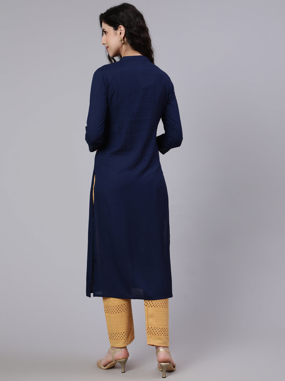 Women Navy Blue Embroidered Yoke Design Straight Kurta | LASVINI - Redefining Indian Fashion with Elegance