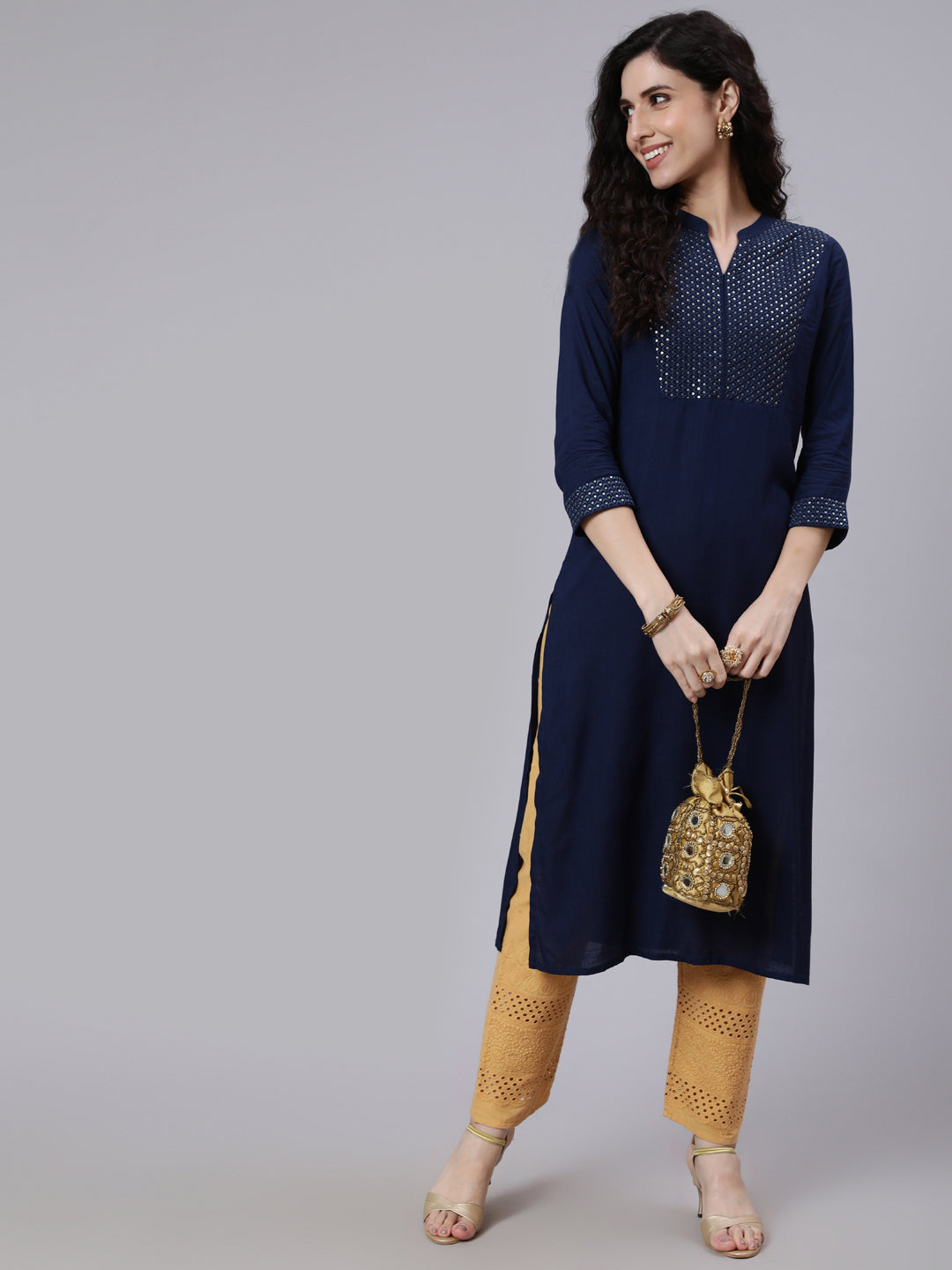 Women Navy Blue Embroidered Yoke Design Straight Kurta | LASVINI - Redefining Indian Fashion with Elegance