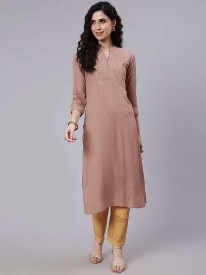 Women Beige Embroidered Yoke Design Straight Kurta | LASVINI - Redefining Indian Fashion with Elegance
