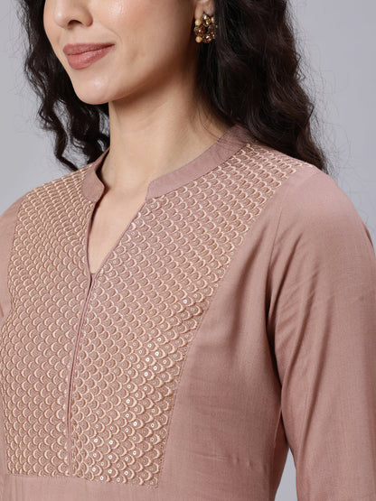 Women Beige Embroidered Yoke Design Straight Kurta | LASVINI - Redefining Indian Fashion with Elegance