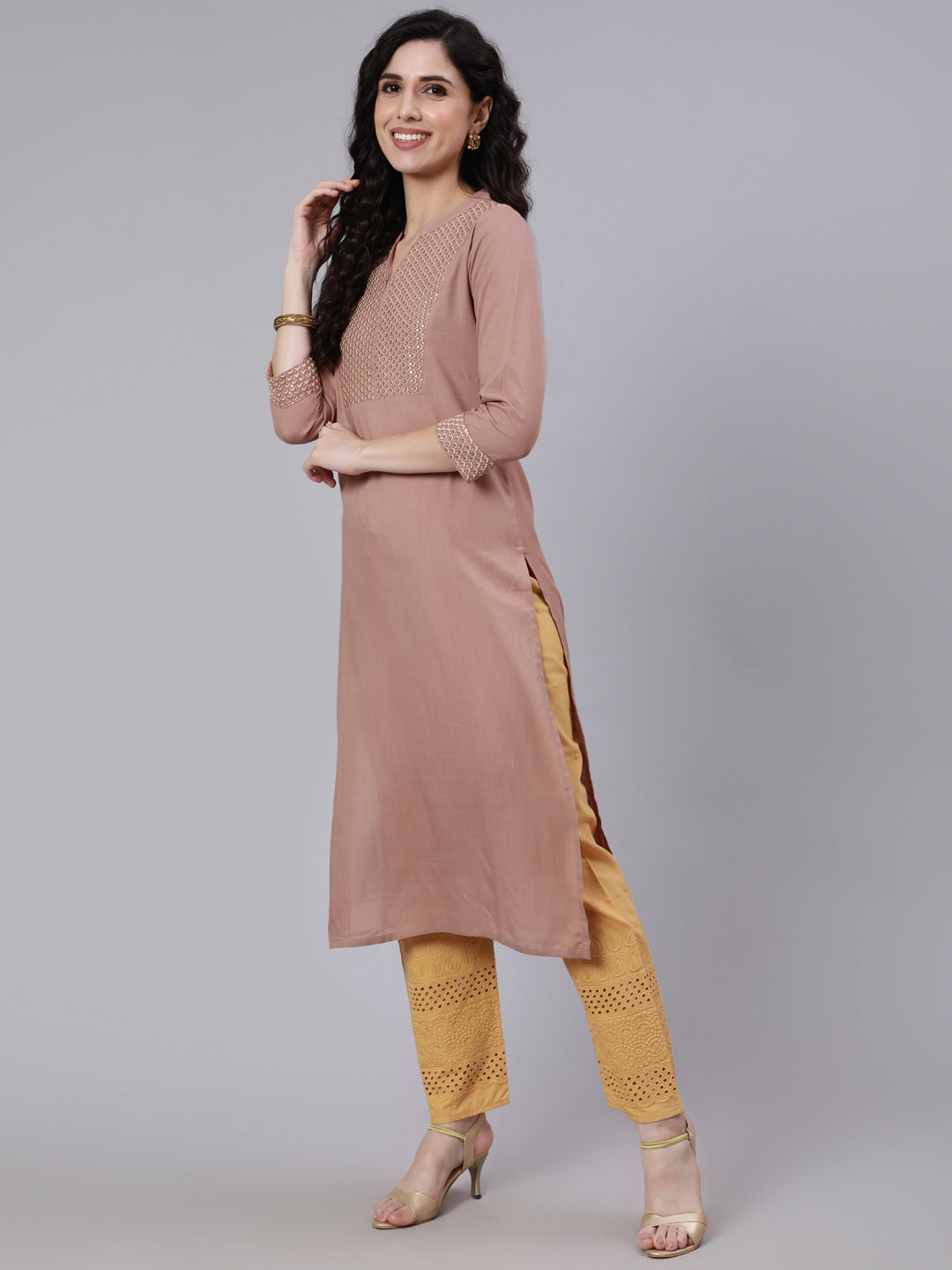 Women Beige Embroidered Yoke Design Straight Kurta | LASVINI - Redefining Indian Fashion with Elegance