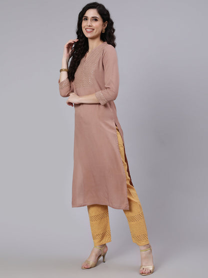 Women Beige Embroidered Yoke Design Straight Kurta | LASVINI - Redefining Indian Fashion with Elegance