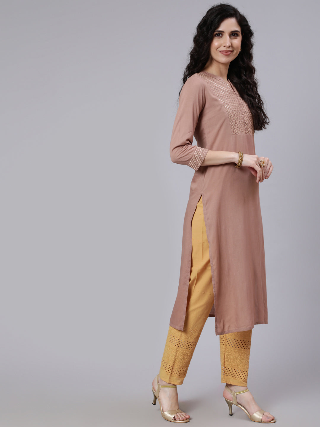 Women Beige Embroidered Yoke Design Straight Kurta | LASVINI - Redefining Indian Fashion with Elegance