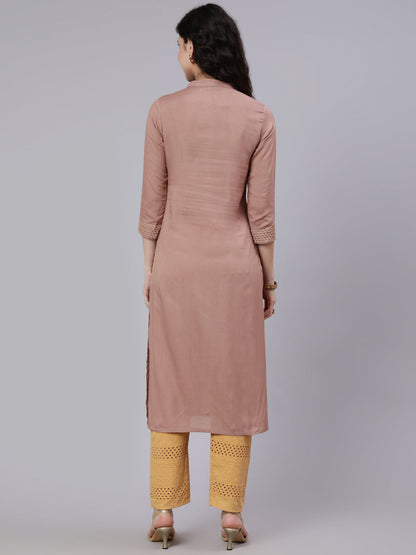 Women Beige Embroidered Yoke Design Straight Kurta | LASVINI - Redefining Indian Fashion with Elegance