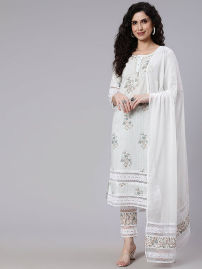 Women Off- White Embroidered Straight Kurta With Traouser And Dupatta | LASVINI - Redefining Indian Fashion with Elegance