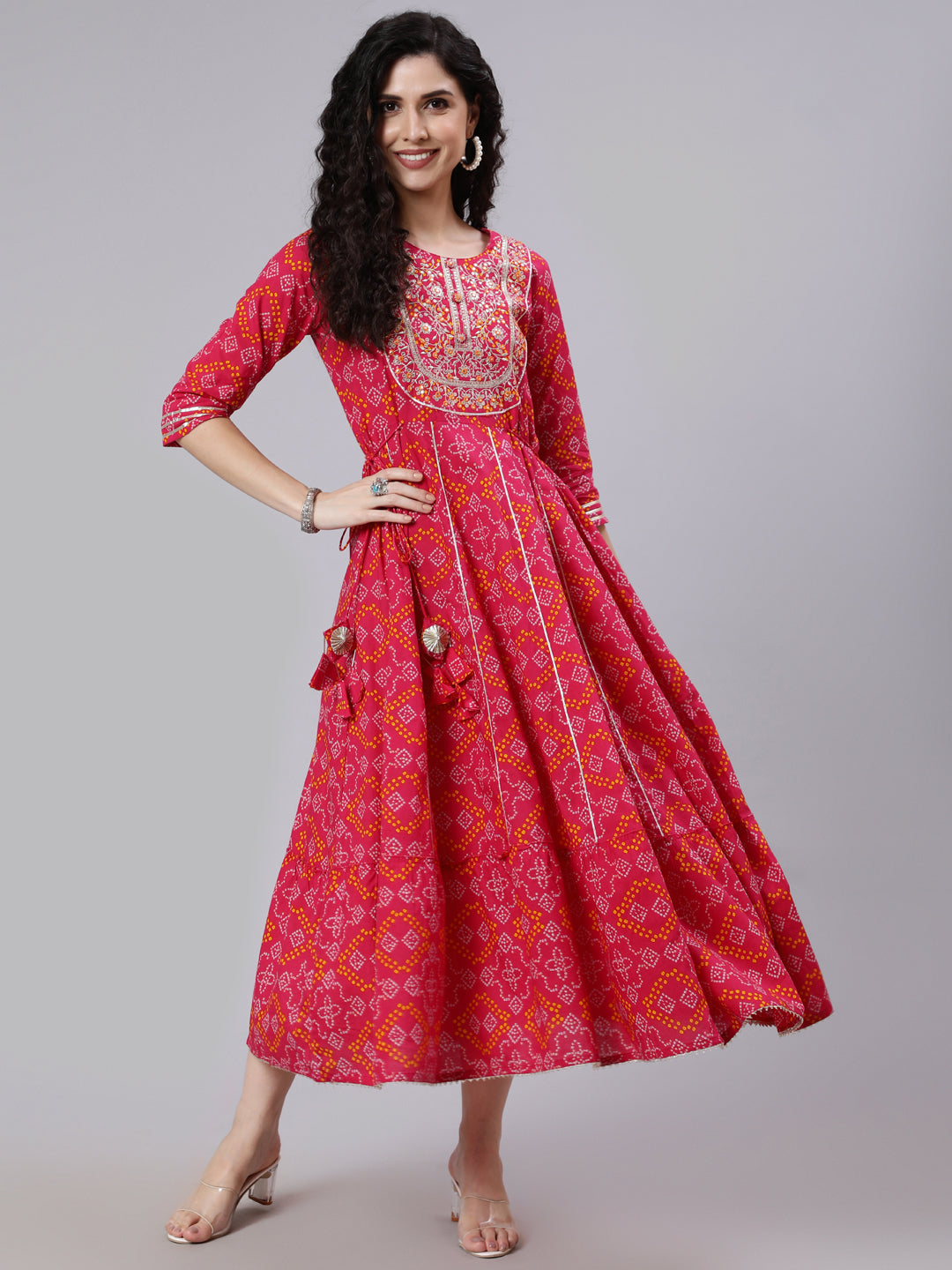 Women Pink Embroidered Flared Dress With Tesals Details | LASVINI - Redefining Indian Fashion with Elegance