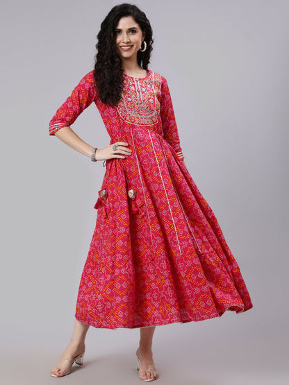 Women Pink Embroidered Flared Dress With Tesals Details | LASVINI - Redefining Indian Fashion with Elegance