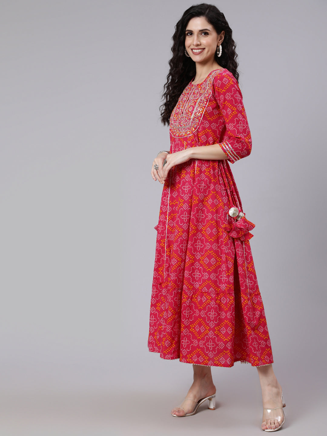 Women Pink Embroidered Flared Dress With Tesals Details | LASVINI - Redefining Indian Fashion with Elegance