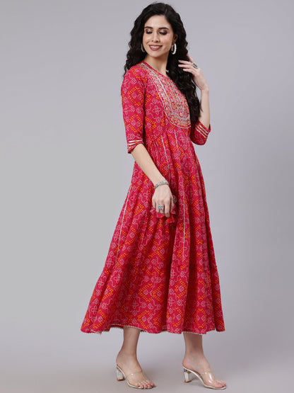 Women Pink Embroidered Flared Dress With Tesals Details | LASVINI - Redefining Indian Fashion with Elegance