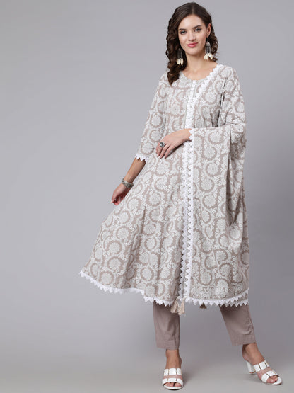 Women Grey Ethnic Printed Flared Kurta With Trouser And Dupatta | LASVINI - Redefining Indian Fashion with Elegance