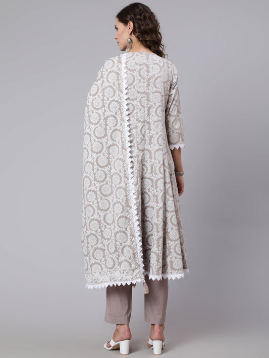 Women Grey Ethnic Printed Flared Kurta With Trouser And Dupatta | LASVINI - Redefining Indian Fashion with Elegance
