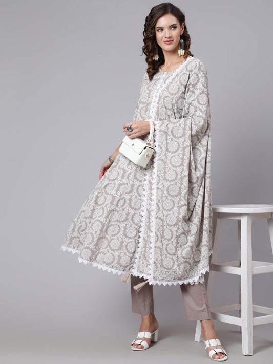 Women Grey Ethnic Printed Flared Kurta With Trouser And Dupatta | LASVINI - Redefining Indian Fashion with Elegance