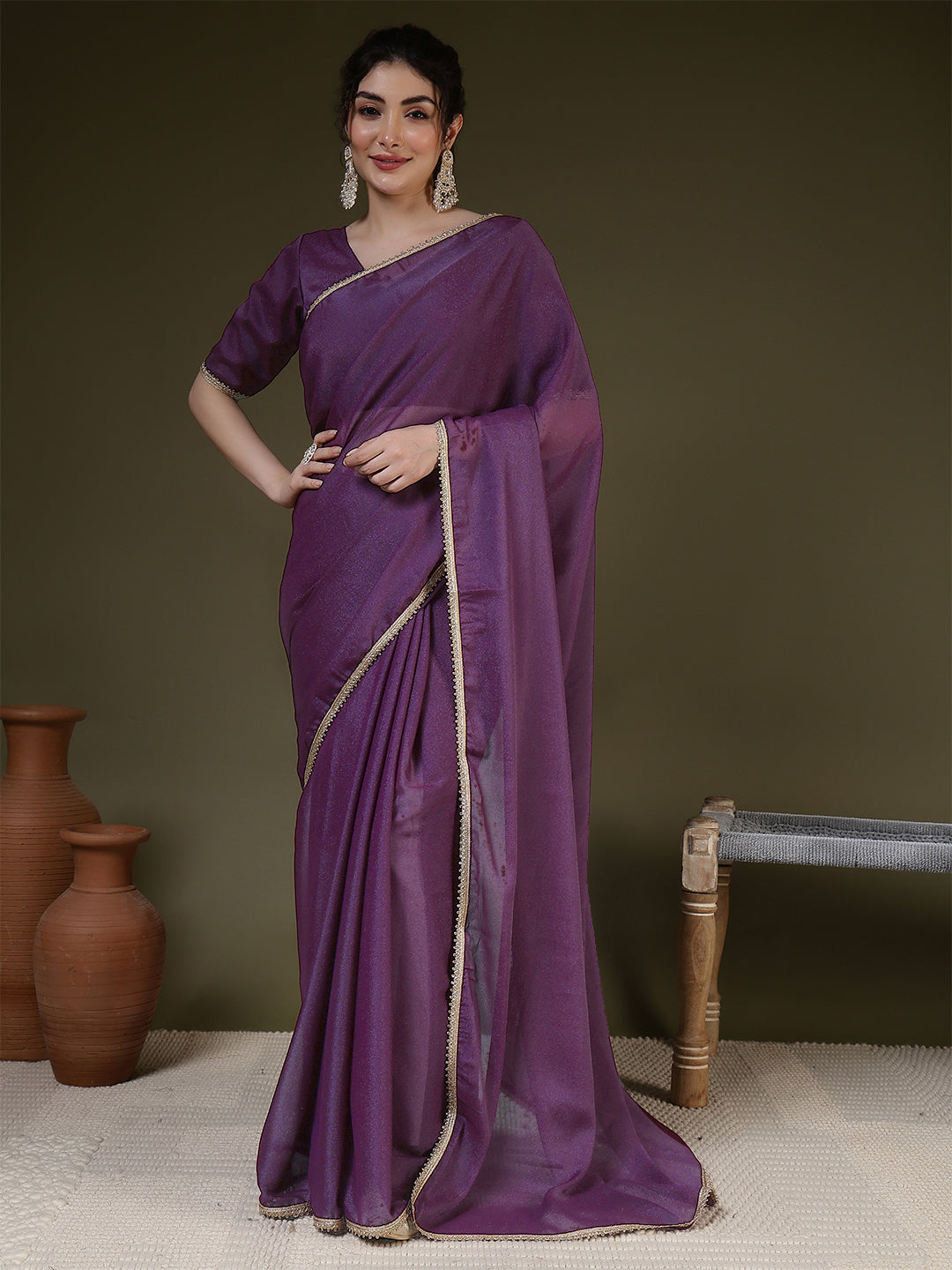 Burgundy Saree embellished with lace & Unstitched blouse | LASVINI - Redefining Indian Fashion with Elegance