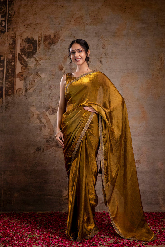 Golden Saree embellished with lace & Unstitched blouse | LASVINI - Redefining Indian Fashion with Elegance