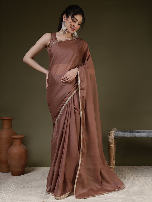 Brown Saree embellished with lace & Unstitched blouse | LASVINI - Redefining Indian Fashion with Elegance