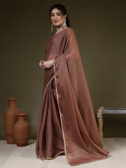 Brown Saree embellished with lace & Unstitched blouse | LASVINI - Redefining Indian Fashion with Elegance
