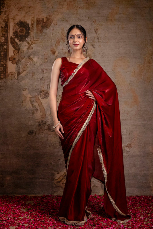 Maroon Saree embellished with lace & Unstitched blouse | LASVINI - Redefining Indian Fashion with Elegance