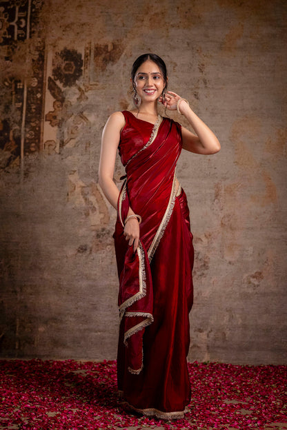 Maroon Saree embellished with lace & Unstitched blouse | LASVINI - Redefining Indian Fashion with Elegance