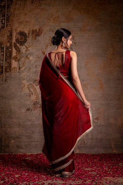 Maroon Saree embellished with lace & Unstitched blouse | LASVINI - Redefining Indian Fashion with Elegance
