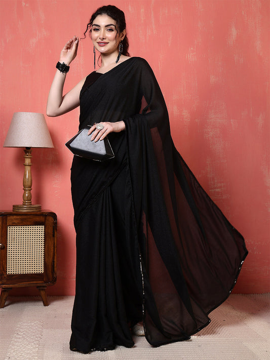 Black Saree embellished with lace & Unstitched blouse | LASVINI - Redefining Indian Fashion with Elegance