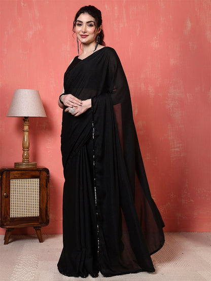 Black Saree embellished with lace & Unstitched blouse | LASVINI - Redefining Indian Fashion with Elegance
