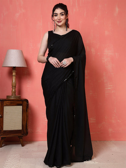 Black Saree embellished with lace & Unstitched blouse | LASVINI - Redefining Indian Fashion with Elegance