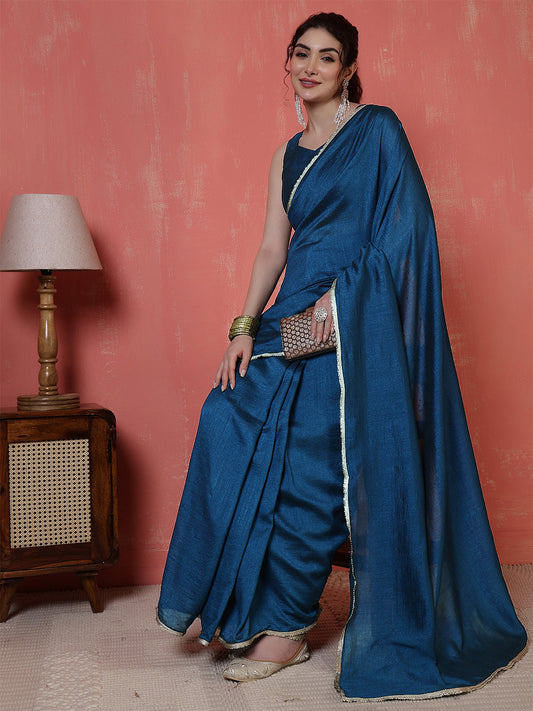 Teal Blue Saree embellished with lace & Unstitched blouse | LASVINI - Redefining Indian Fashion with Elegance