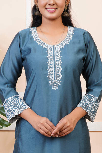 Women Steel Blue Silk Blend Straight Kurta Set With Dupatta | LASVINI