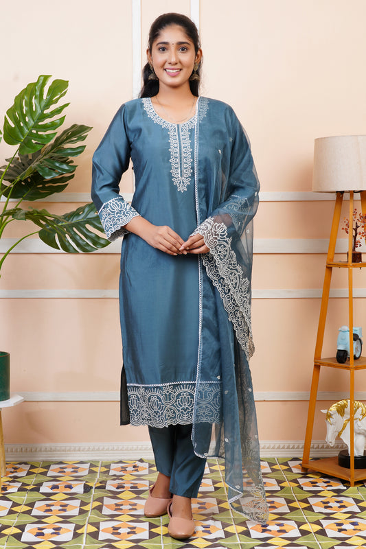 Women Steel Blue Silk Blend Straight Kurta Set With Dupatta | LASVINI