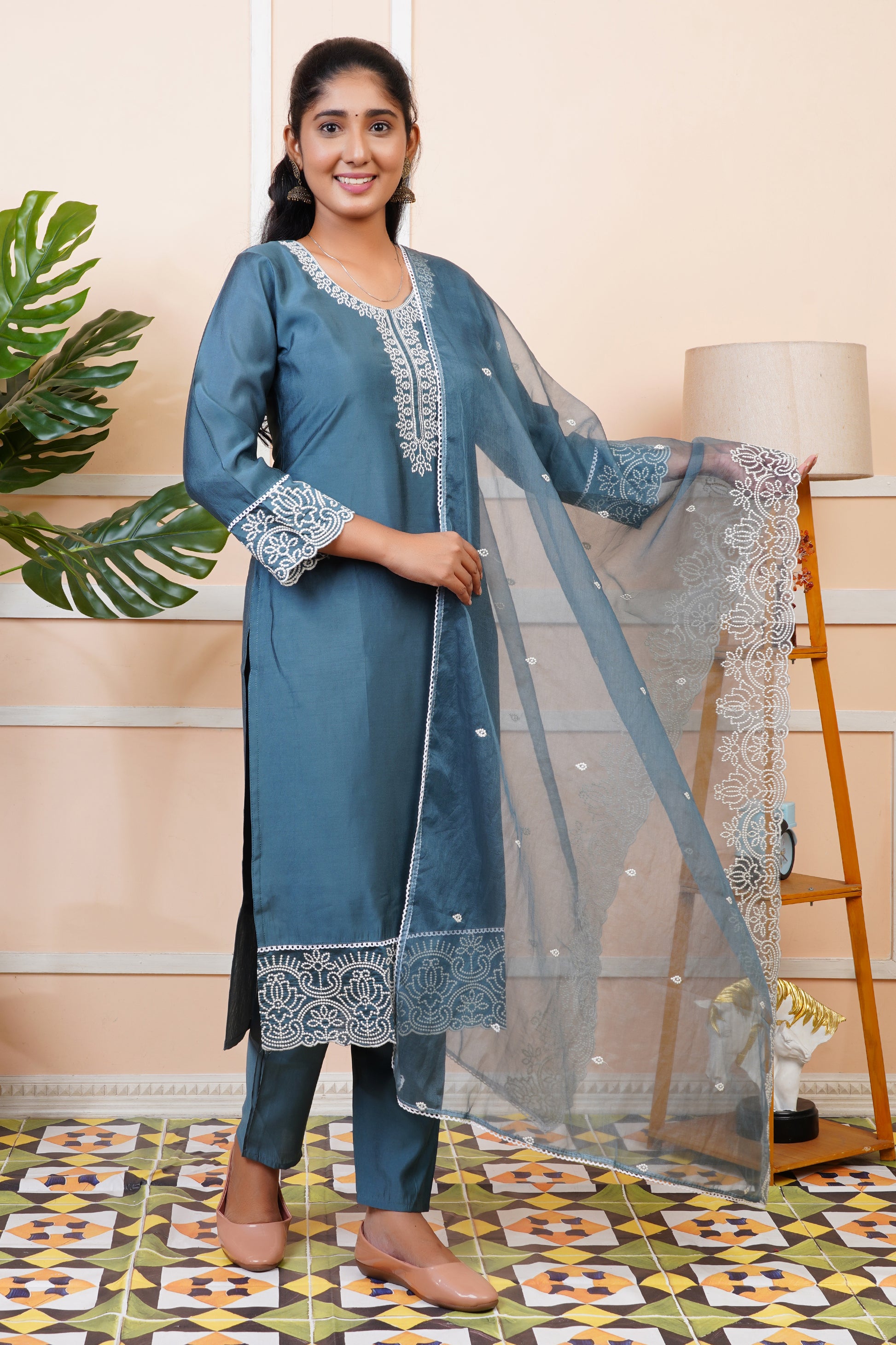 Women Steel Blue Silk Blend Straight Kurta Set With Dupatta | LASVINI
