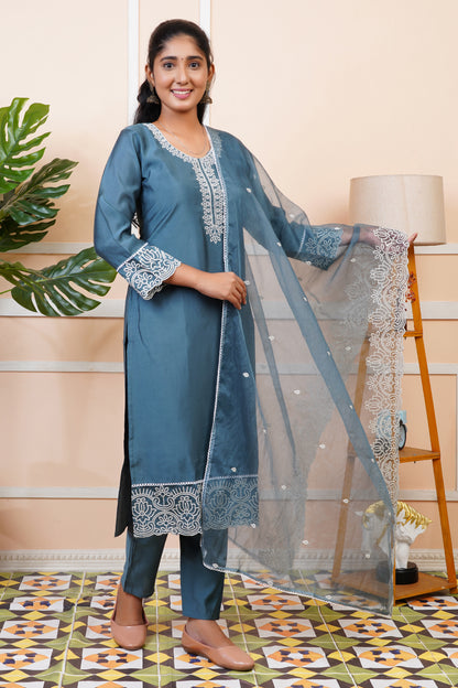 Women Steel Blue Silk Blend Straight Kurta Set With Dupatta | LASVINI
