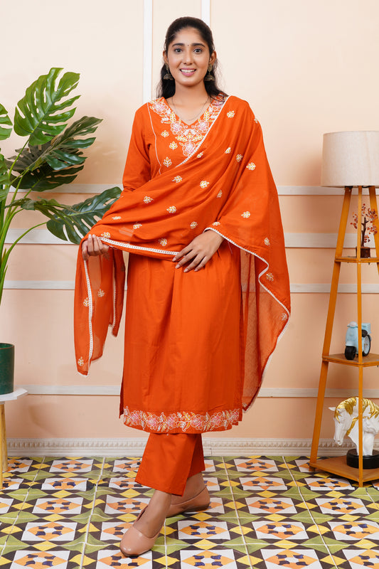 Women Orange Mul Cotton Embroidered Kurta set with Dupatta | LASVINI