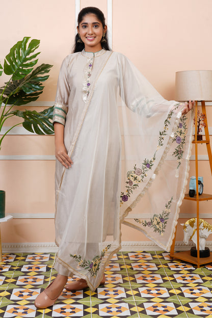Women Grey Embroidered Modal Muslin Kurta Set With Dupatta