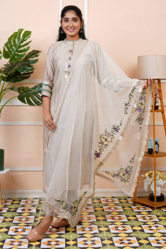 Women Grey Embroidered Modal Muslin Kurta Set With Dupatta