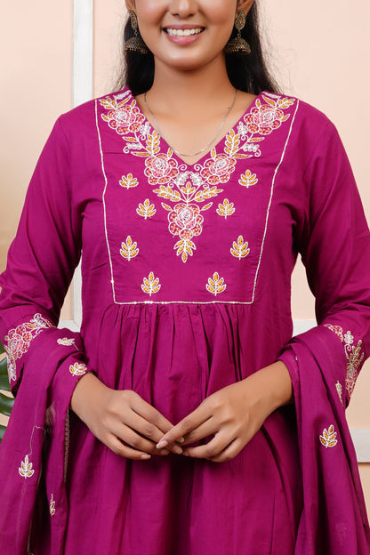 Women Mul Cotton Embroidery Straight Kurta Set with Dupatta | LASVINI