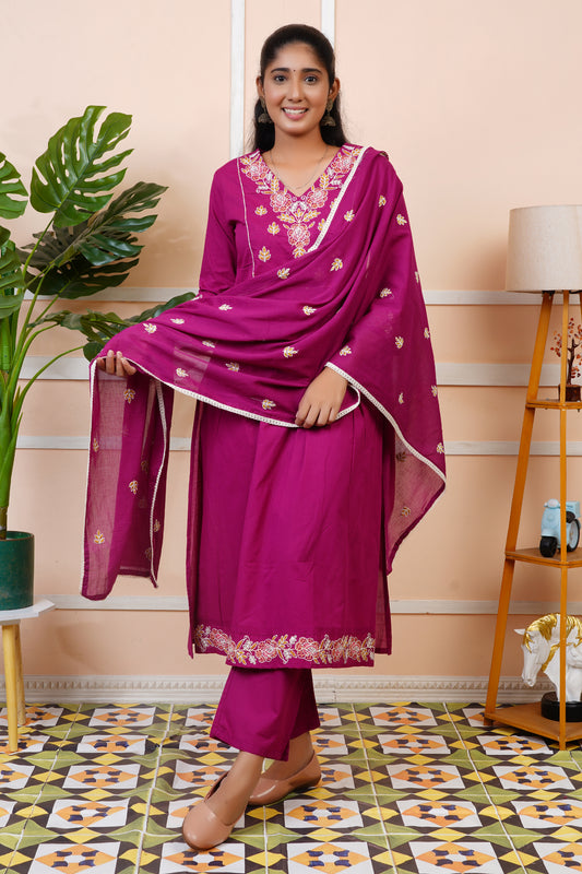 Women Mul Cotton Embroidery Straight Kurta Set with Dupatta | LASVINI