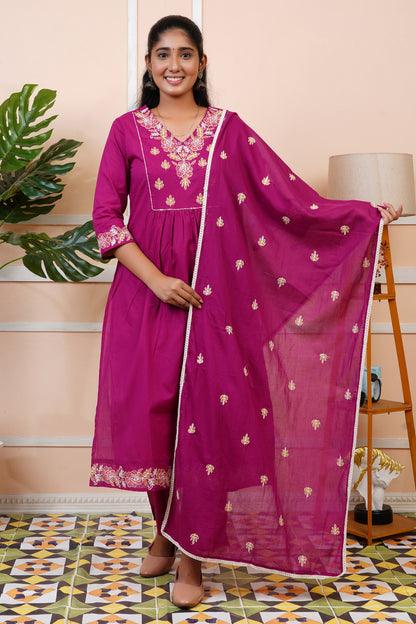 Women Mul Cotton Embroidery Straight Kurta Set with Dupatta | LASVINI