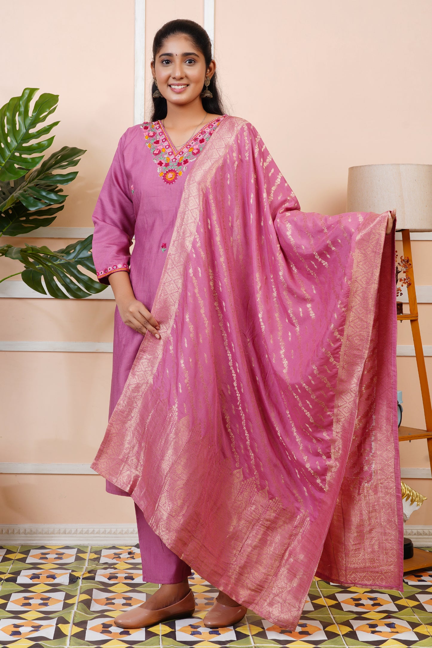 Women Silk Blend Embroidery Straight Kurta Set with Banarasi Dupatta | LASVINI