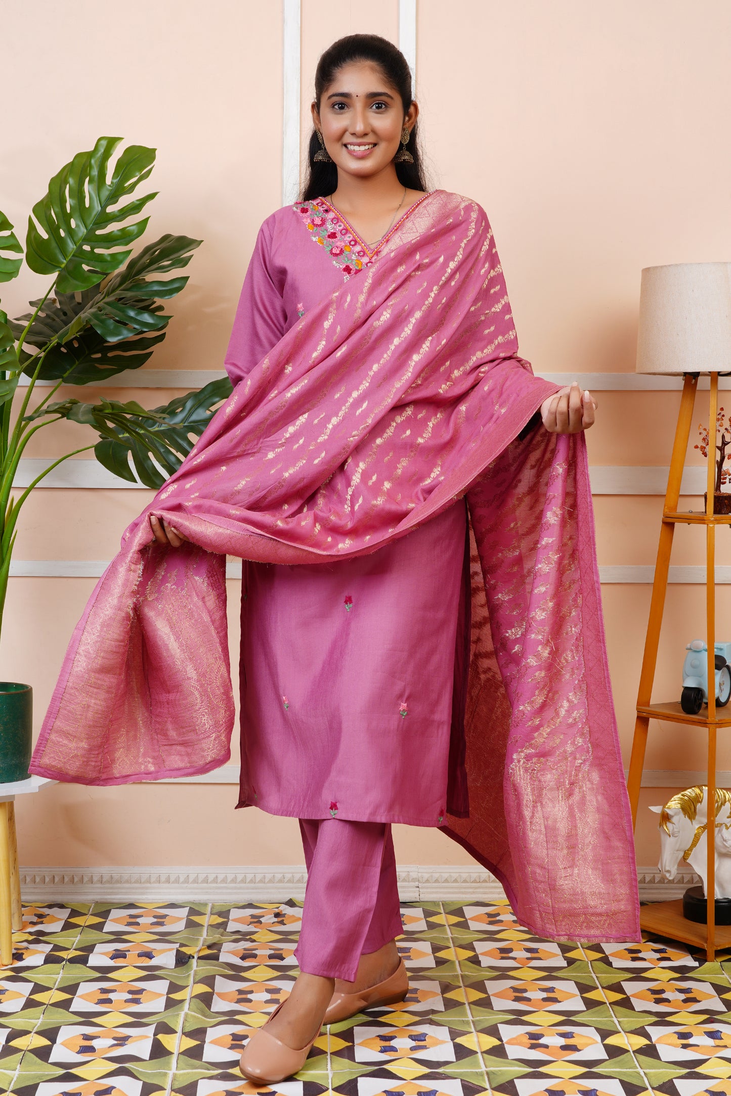 Women Silk Blend Embroidery Straight Kurta Set with Banarasi Dupatta | LASVINI