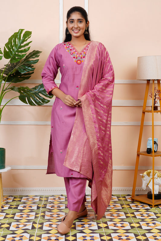Women Silk Blend Embroidery Straight Kurta Set with Banarasi Dupatta | LASVINI