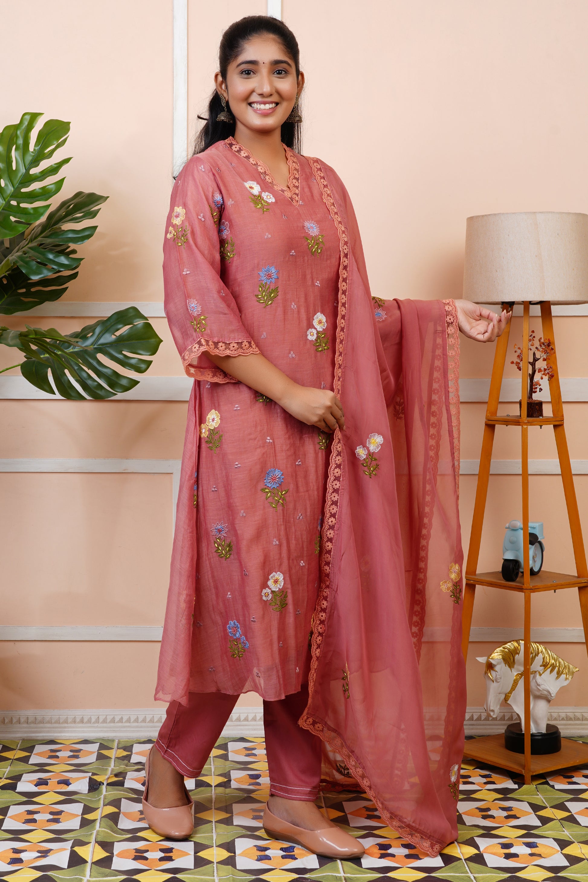 Women Rust Embroidered Partywear Mul Chanderi Kurta set With Dupatta | LASVINI
