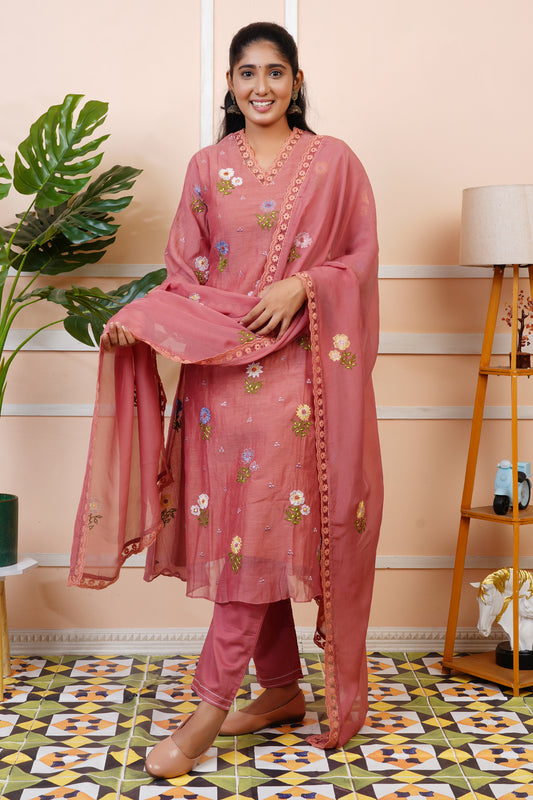 Women Rust Embroidered Partywear Mul Chanderi Kurta set With Dupatta | LASVINI