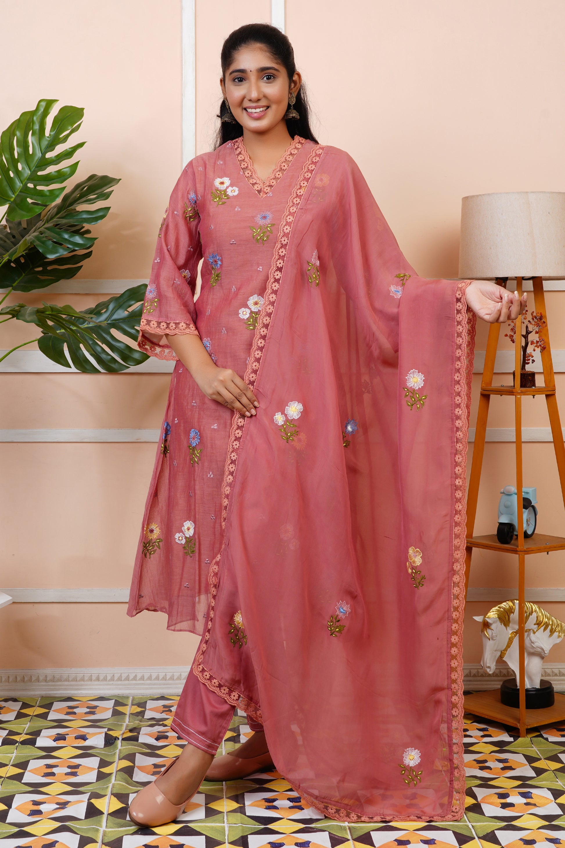 Women Rust Embroidered Partywear Mul Chanderi Kurta set With Dupatta | LASVINI