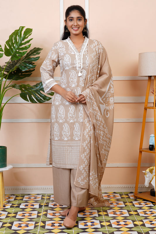 Women Brown Printed Mul Cotton Kurta Set with Dupatta | LASVINI