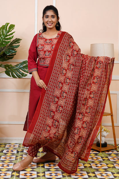 Women Red Printed Cotton Kurti Set with Dupatta | LASVINI