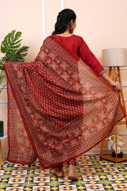 Women Red Printed Cotton Kurti Set with Dupatta | LASVINI