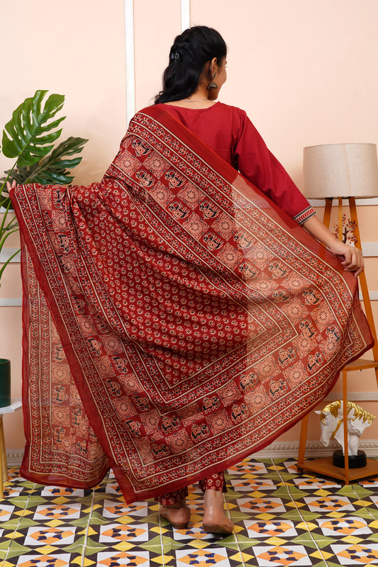 Women Red Printed Cotton Kurti Set with Dupatta | LASVINI